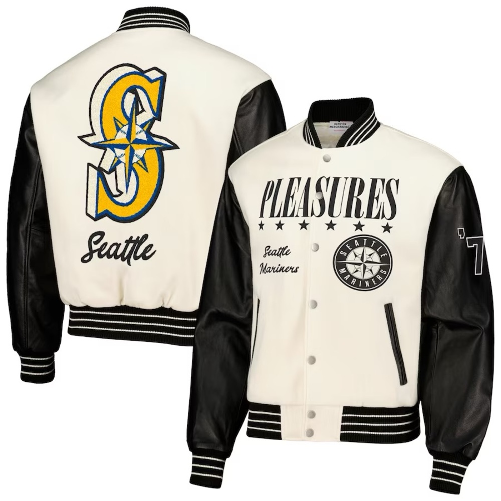 Seattle Mariners PLEASURES Full-Snap Varsity Jacket - White